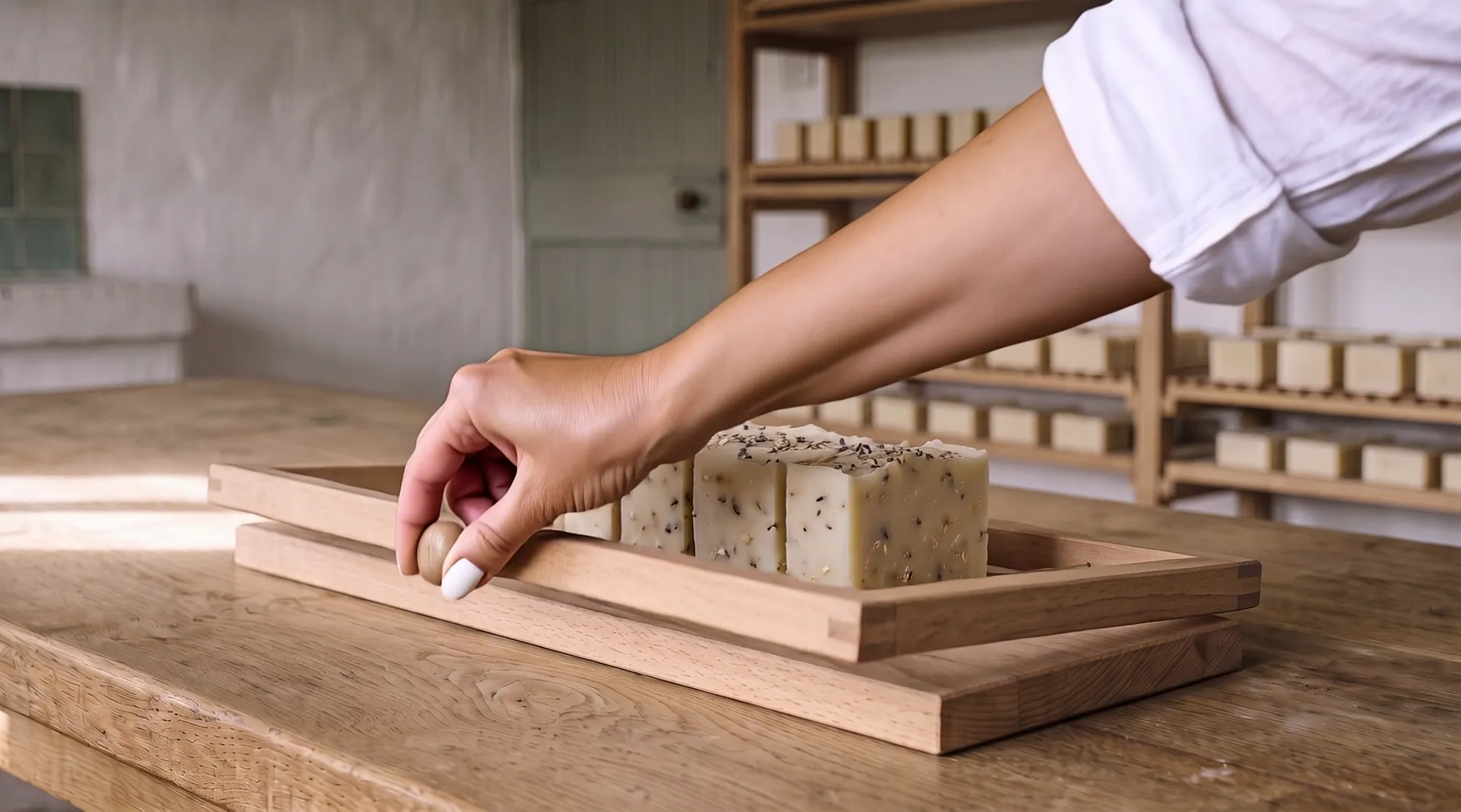 A hand has pulled the wire frame of a wooden soap cutter down through the loaf: six bars stand side by side