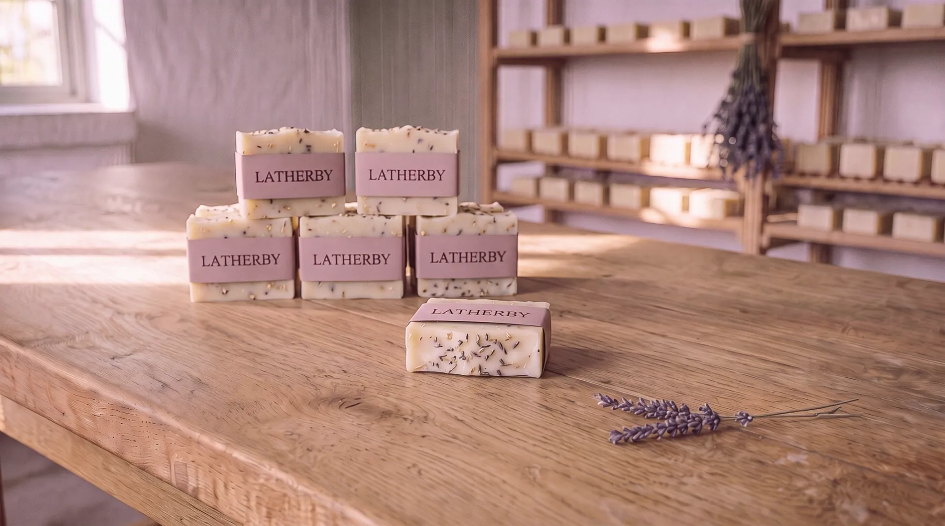 Six bars of soap, each wrapped in a dusty-rose paper band printed Latherby: five stacked behind, the sixth in front