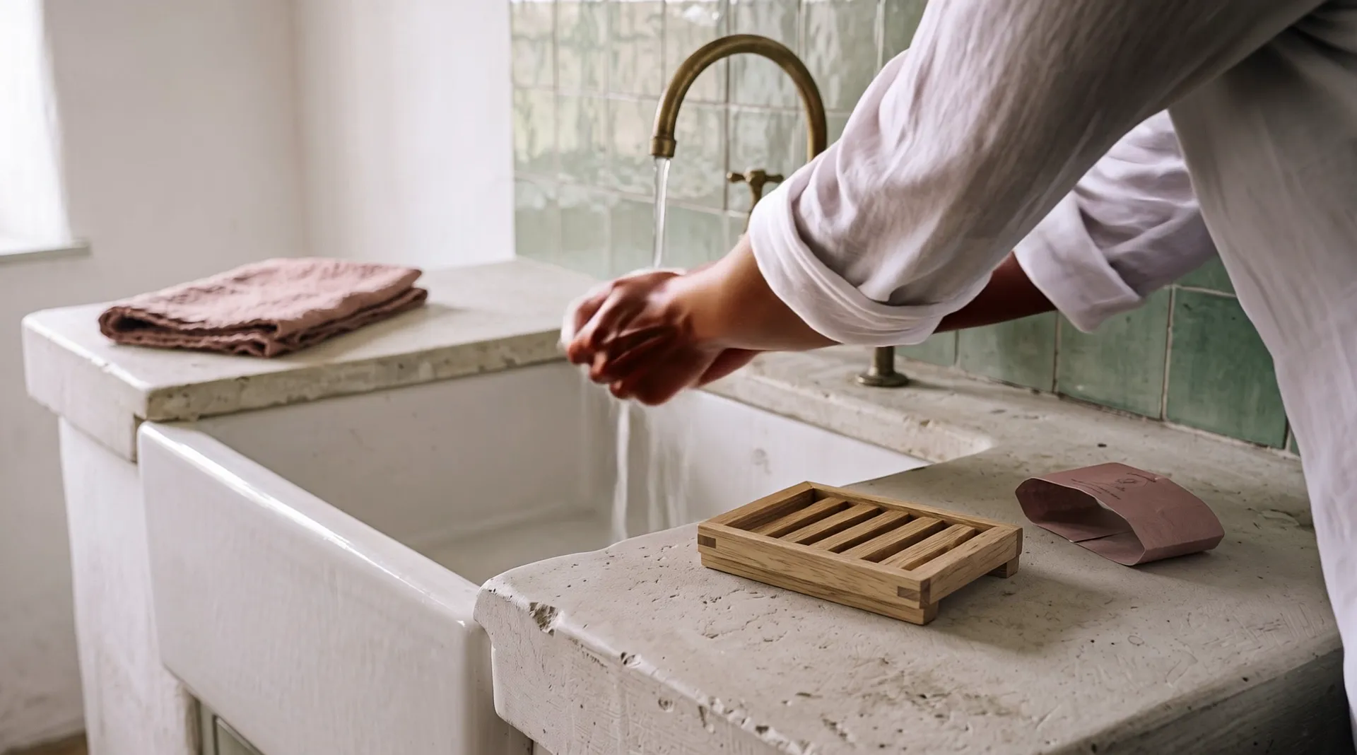 At a stone sink with a brass tap and sage-green tiles, two hands rub a bar of soap under the running water