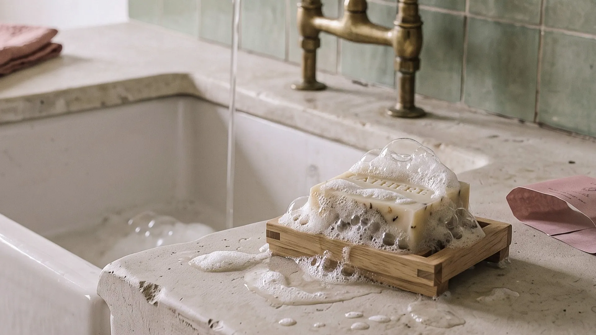 The bar of soap back on its wooden dish by the sink, wet, in thick white lather and big clear bubbles