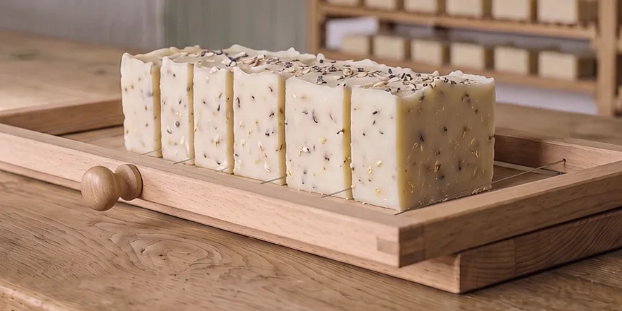 Six bars of speckled soap stand side by side in the wooden cutter