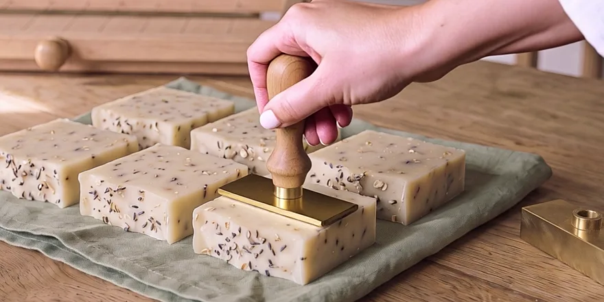 A hand presses a brass stamp into a bar of soap on a sage linen cloth