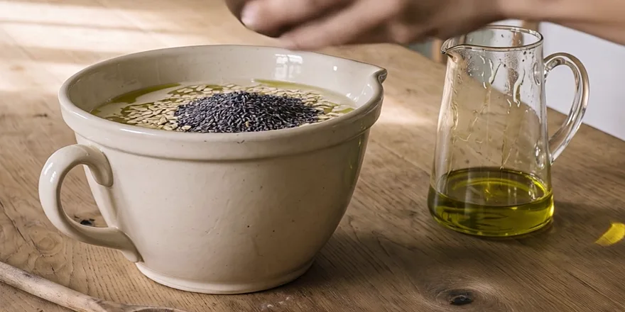 Dark lavender buds lie on the oats and the oil in the bowl
