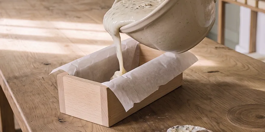 Cream soap batter runs from the bowl into a wooden mould lined with parchment