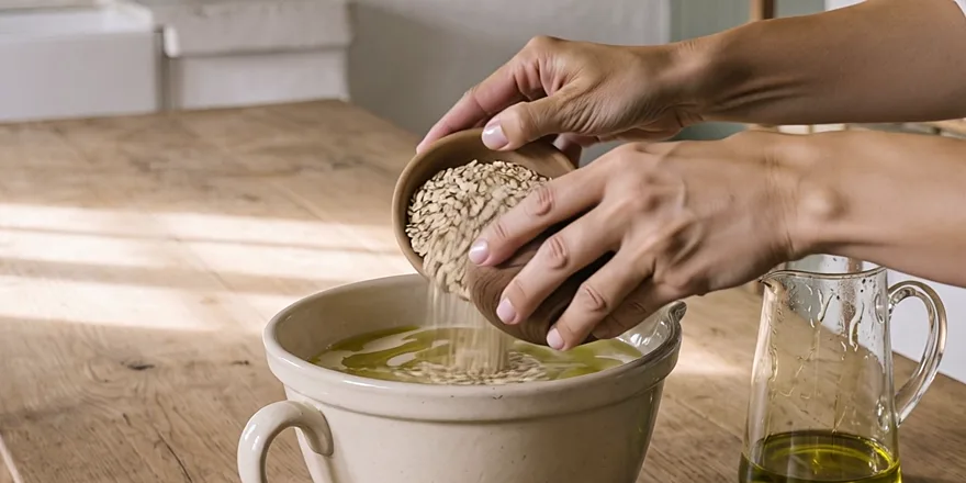 Hands tip a small wooden bowl of oat flakes over the big bowl