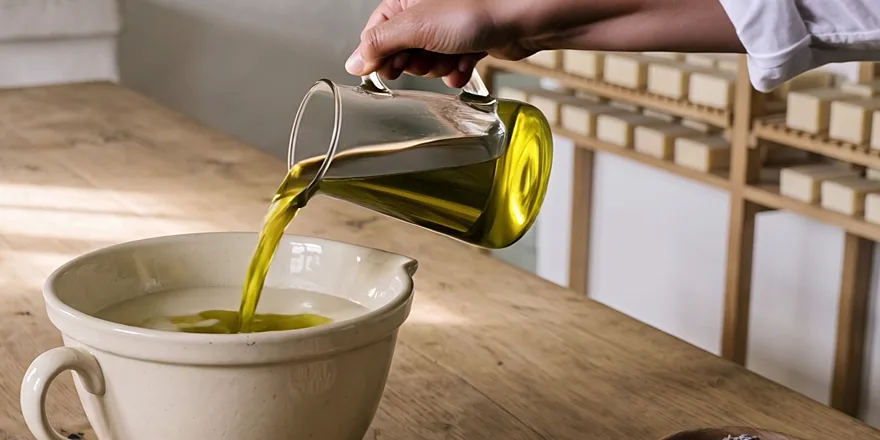 Olive oil runs from a glass pitcher into a cream stoneware bowl