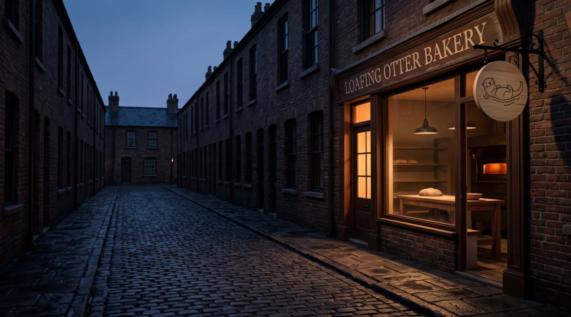 A dark cobbled street before dawn; the one lit window is a bakery with the sign “Loafing Otter Bakery” above it