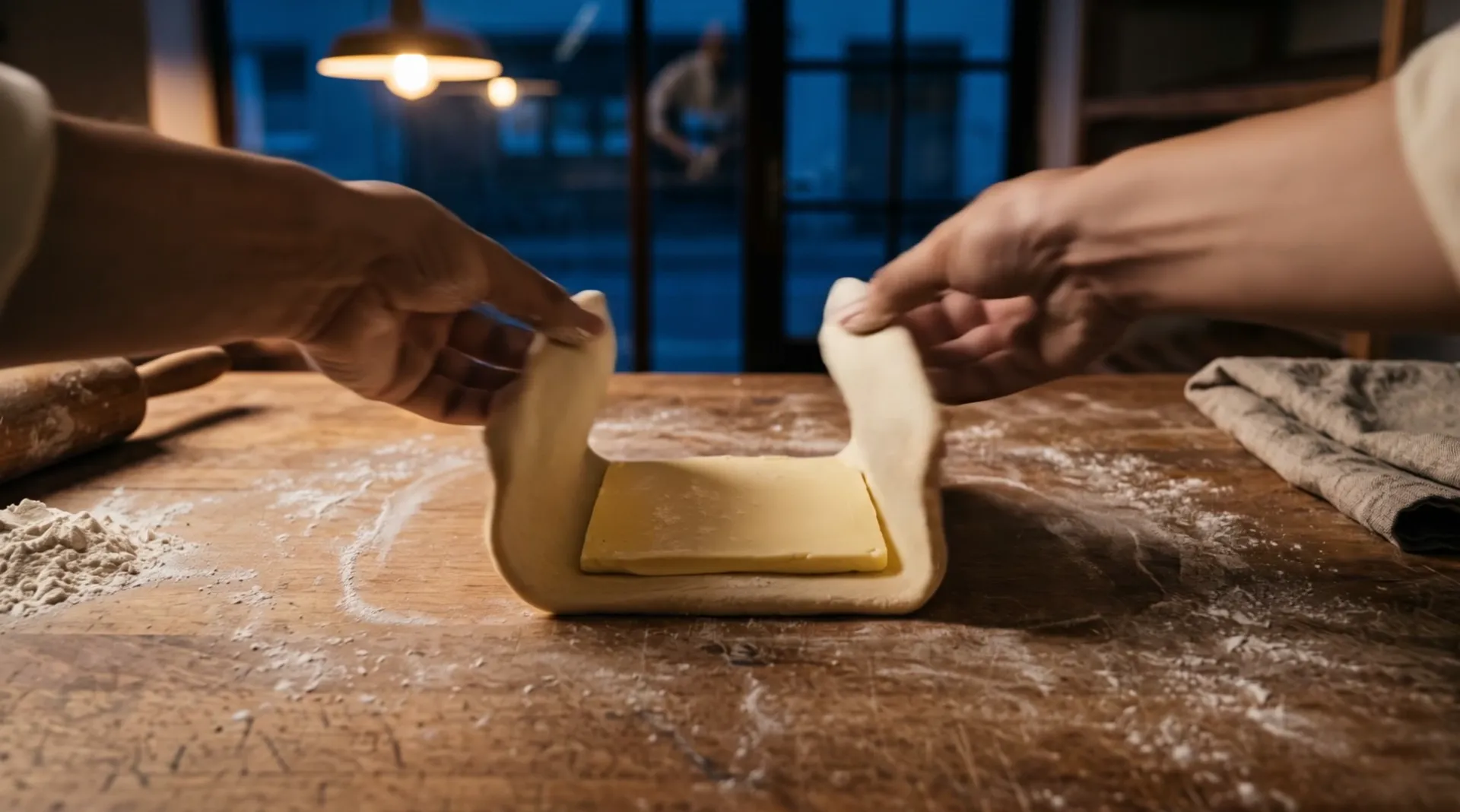 Two hands fold the ends of a sheet of dough over a slab of butter on a floured wooden bench