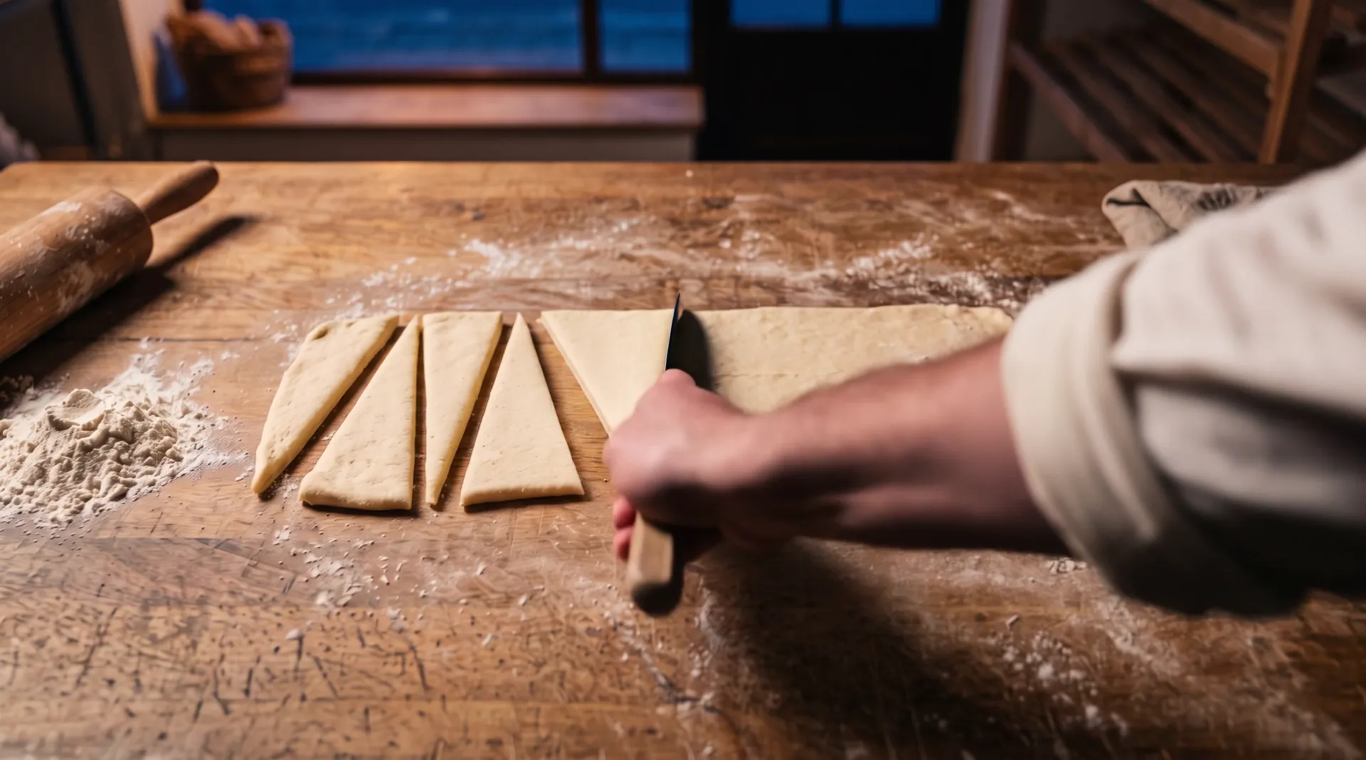 A hand presses a knife straight down through a sheet of dough; three triangles already cut lie beside it