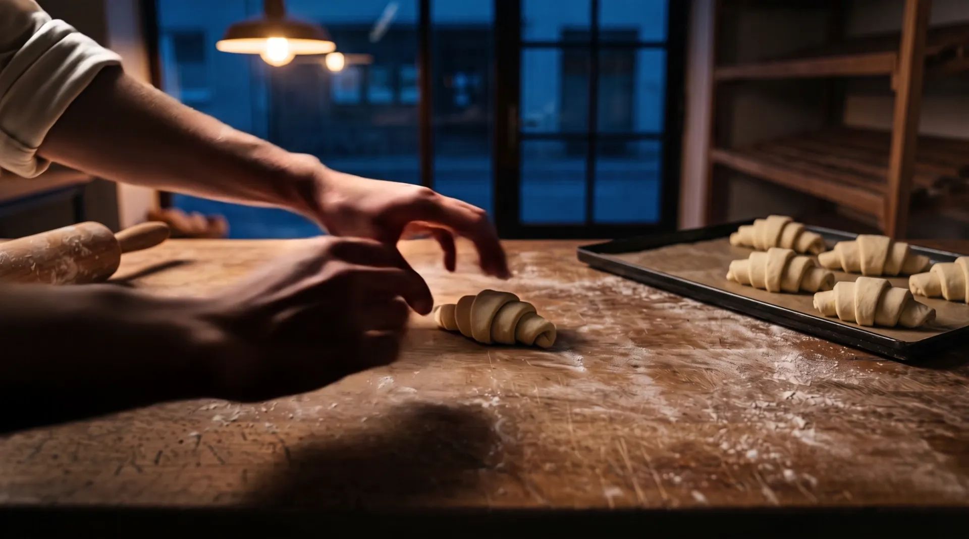 A croissant just rolled lies on the floured bench, a hand reaching for it; a tray of raw croissants stands behind