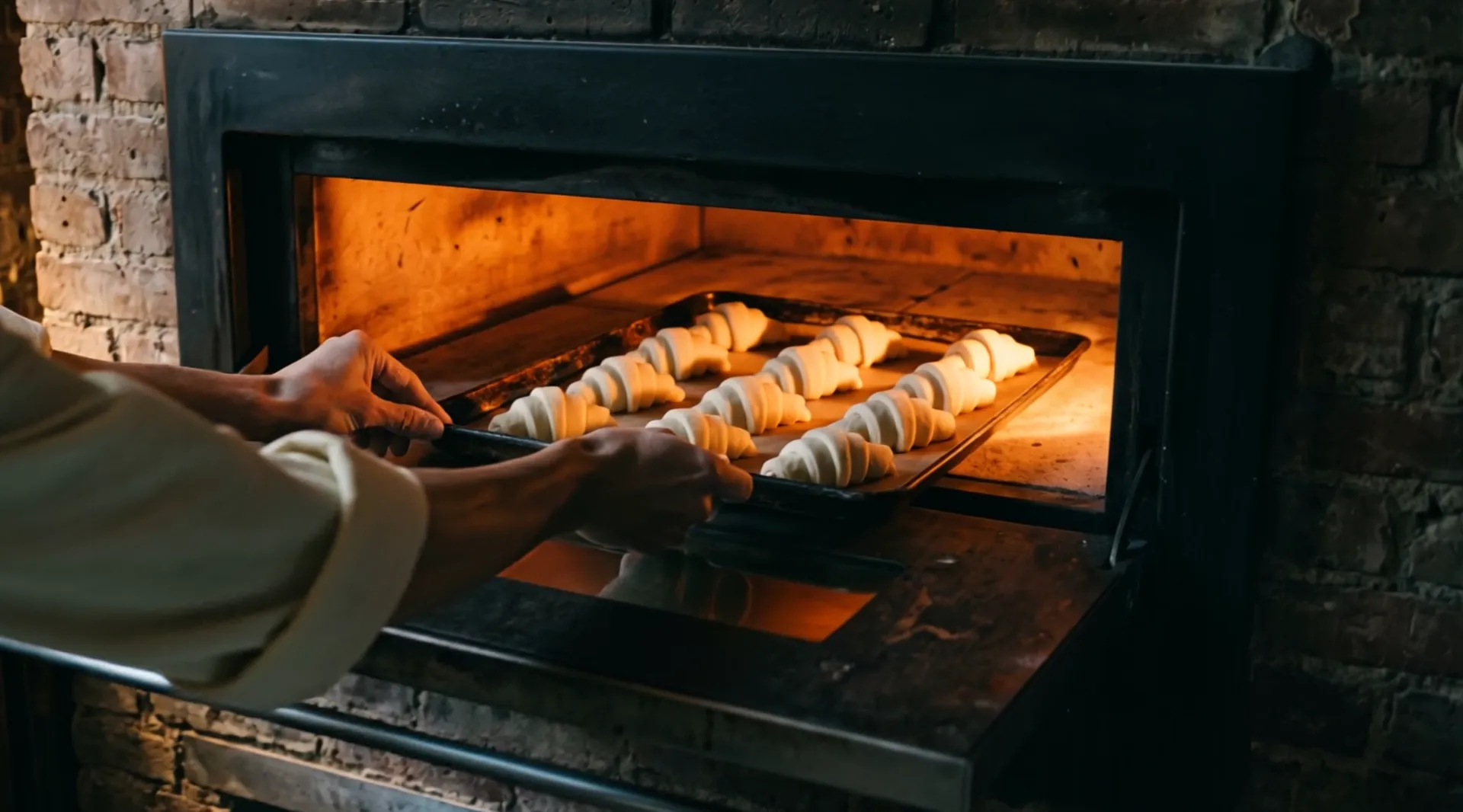Two hands push a tray of twelve raw croissants into a glowing deck oven