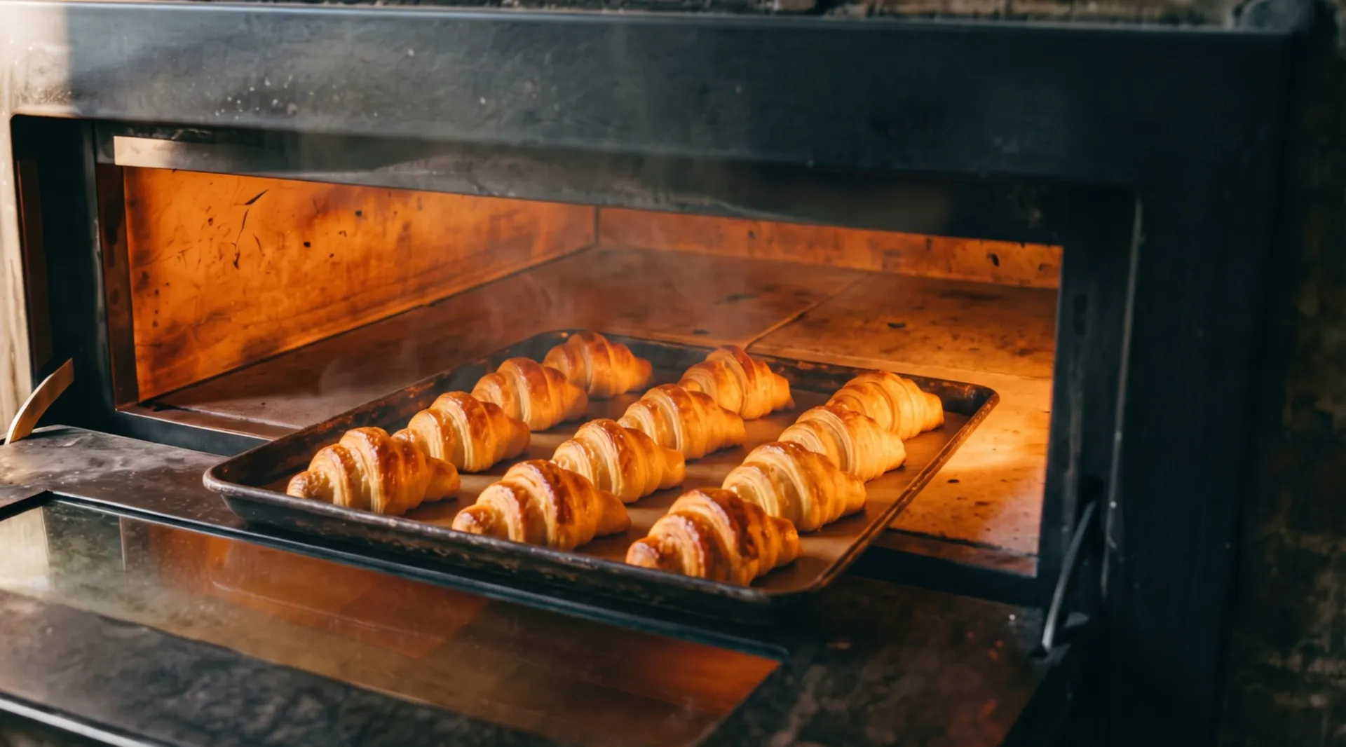 A tray of twelve golden croissants drawn out to the mouth of the same oven, steam rising from them