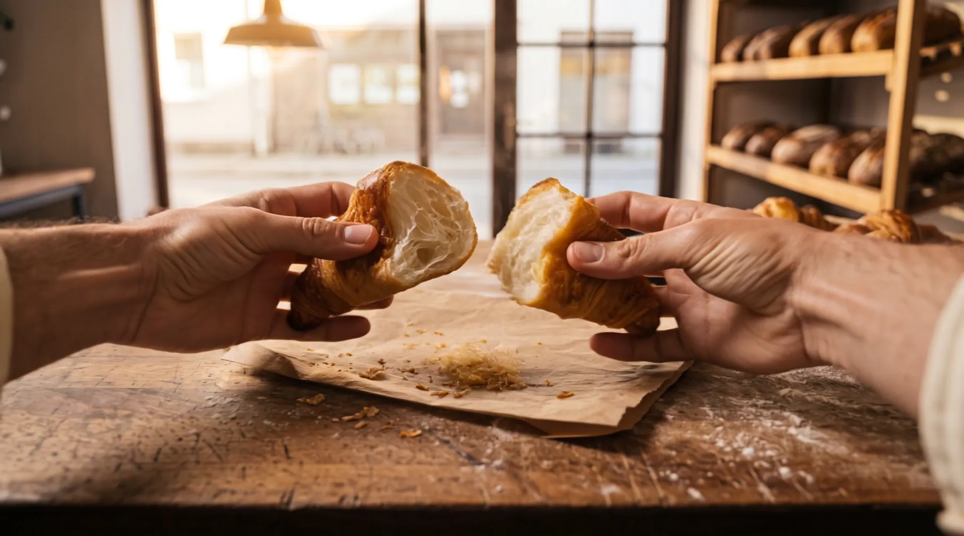 Two hands hold the halves of a croissant torn open, its crumb to the camera; the morning street in the window behind