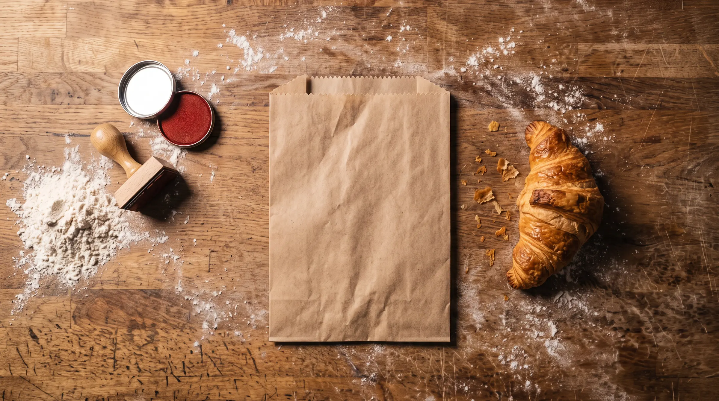 A kraft paper bag on a floured wooden bench, a rubber stamp and a red ink pad on its left, a croissant on its right