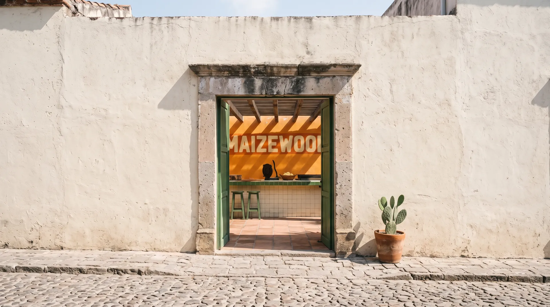 A cobbled lane and a pale plastered wall; through an open gateway with green doors, a sunny yard, a tiled counter and an orange wall with the painted sign Maizewood