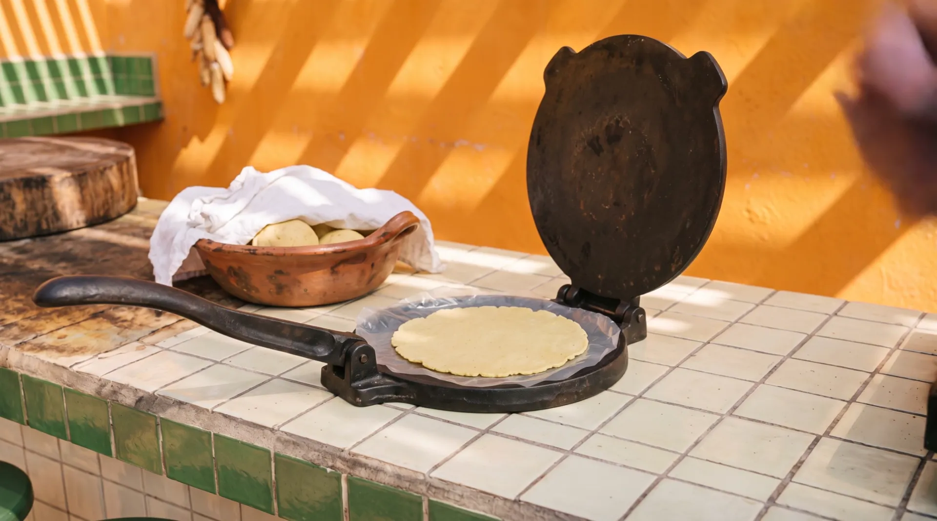 The press open again: a thin round raw tortilla lies on its plate