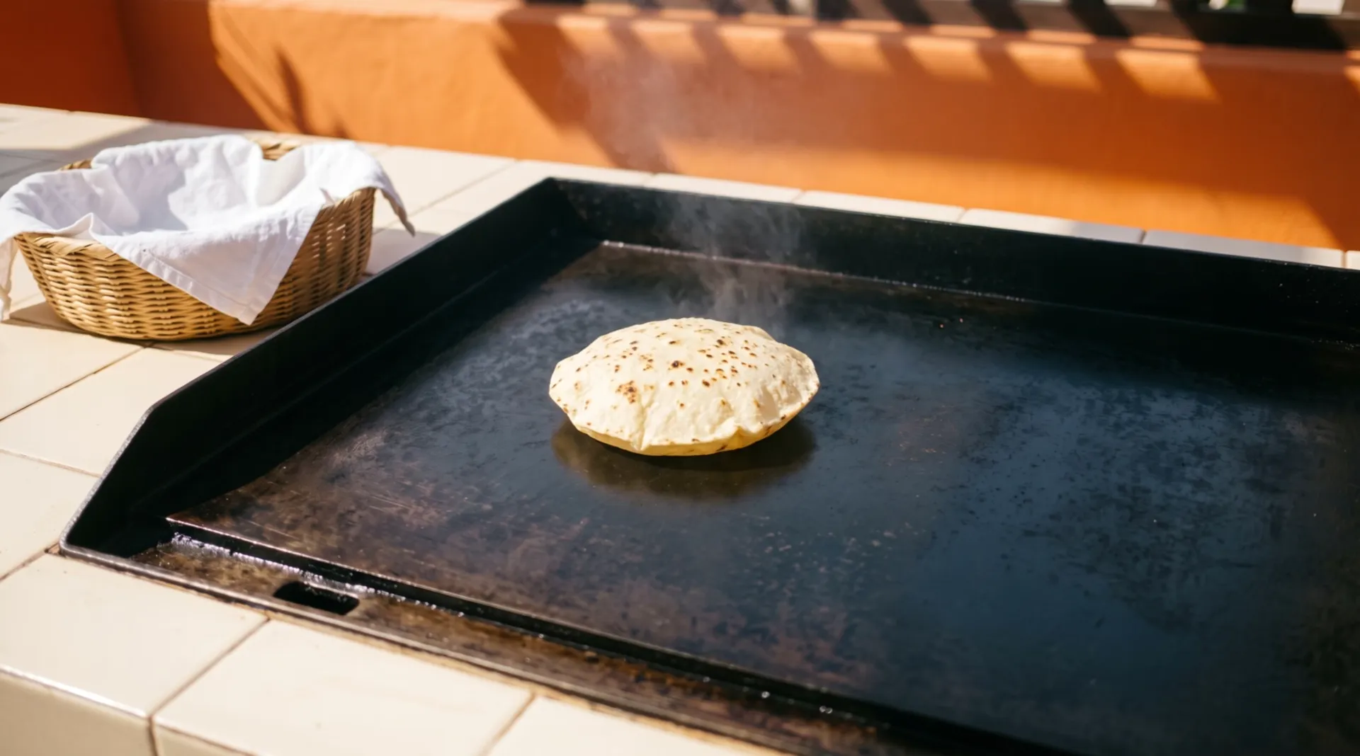 A tortilla on a black steel griddle, turned over and puffed up, brown scorch spots on it, thin steam around