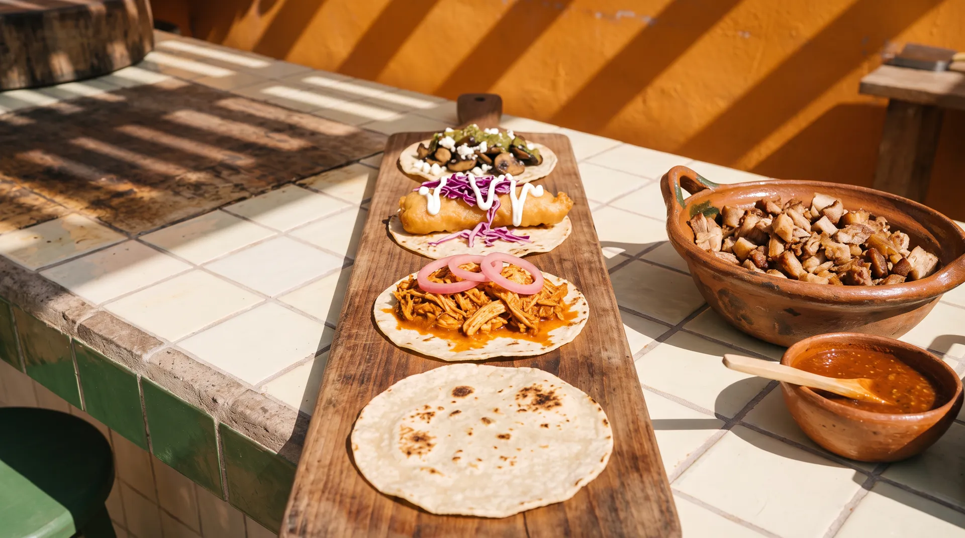A long wooden board with four tortillas, three of them dressed and the nearest one empty; a bowl of chopped pork and a bowl of red salsa beside it