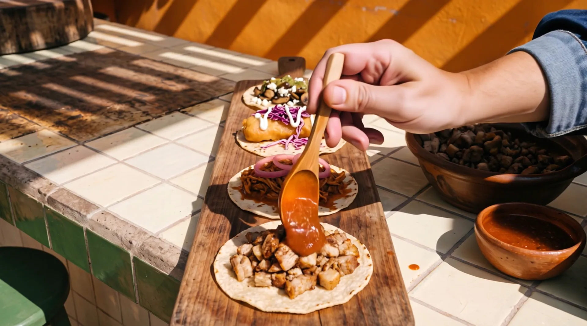 A hand pours red salsa from a wooden spoon over the chopped pork on the nearest of four tacos on a wooden board