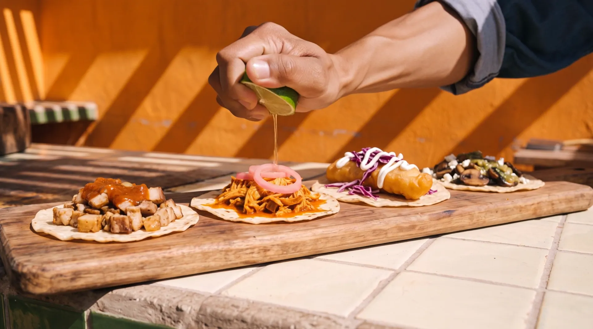 Four tacos in a row on a wooden board, seen from the side; a hand squeezes half a lime over them, the juice running down