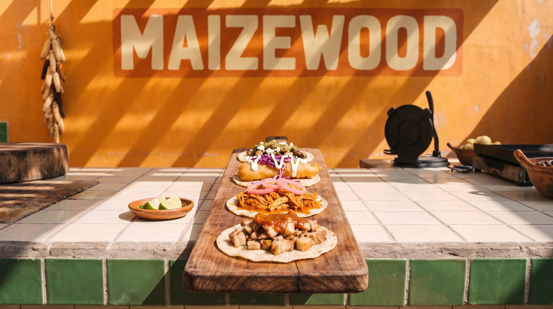 The wooden board with four tacos on the tiled counter, the orange wall with the painted sign Maizewood behind it