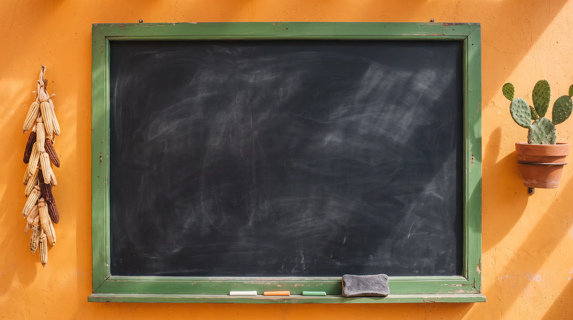 A blank slate chalkboard in a green wooden frame on an orange wall, pieces of chalk on its ledge