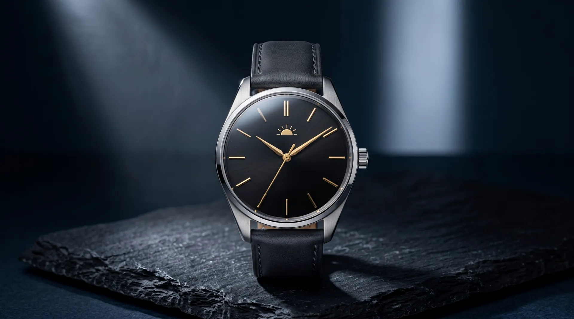 A steel wristwatch with a black dial and gold hands stands on a slab of black slate in a narrow beam of light; the hands show ten past ten