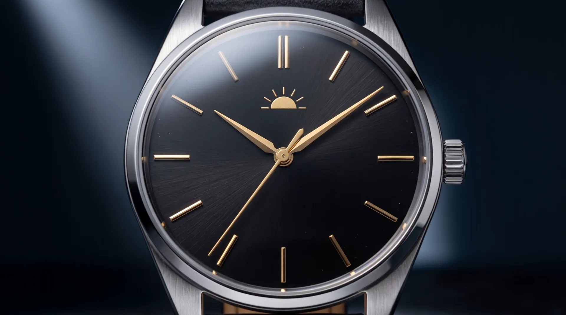 The watch closer: the polished bezel, the domed crystal with a streak of light on it, the black dial