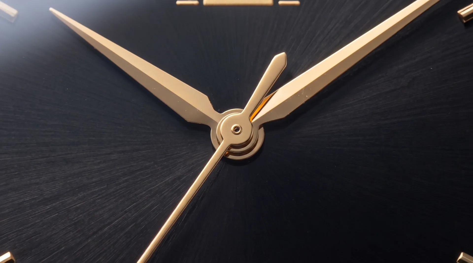 The centre of the dial in close-up: three gold hands on their hub, the brushed black dial around it