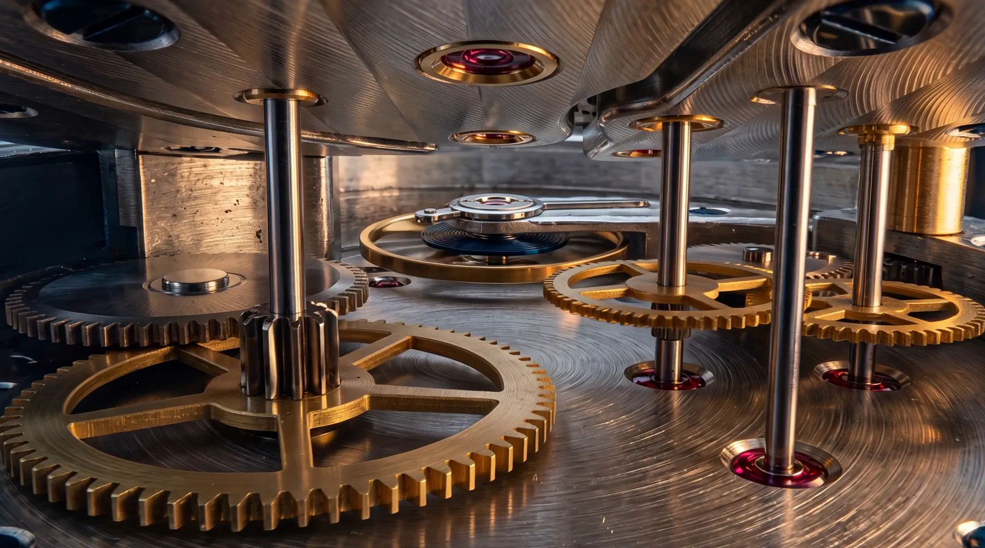 Inside the movement, at the level of the wheels: brass wheels on steel axles in ruby jewels, the mainspring barrel on the left, the balance wheel at the far end