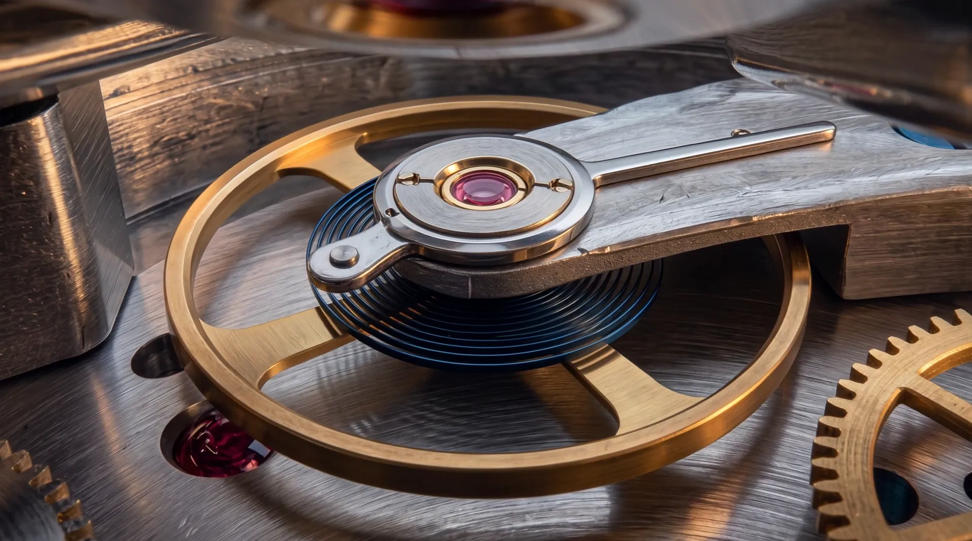 The balance wheel seen from above: a golden rim, a blued hairspring coiled at its centre, a ruby jewel in the bridge over it