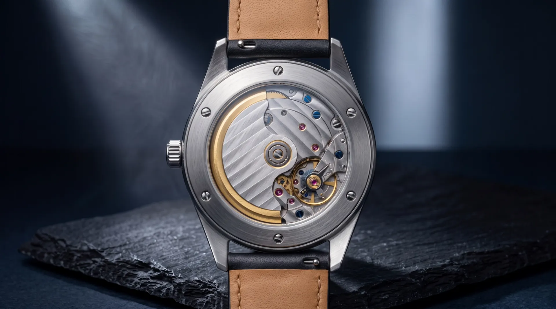 The back of the watch on the slate: a brushed steel ring on six screws, and behind the glass a winding rotor with a gold rim