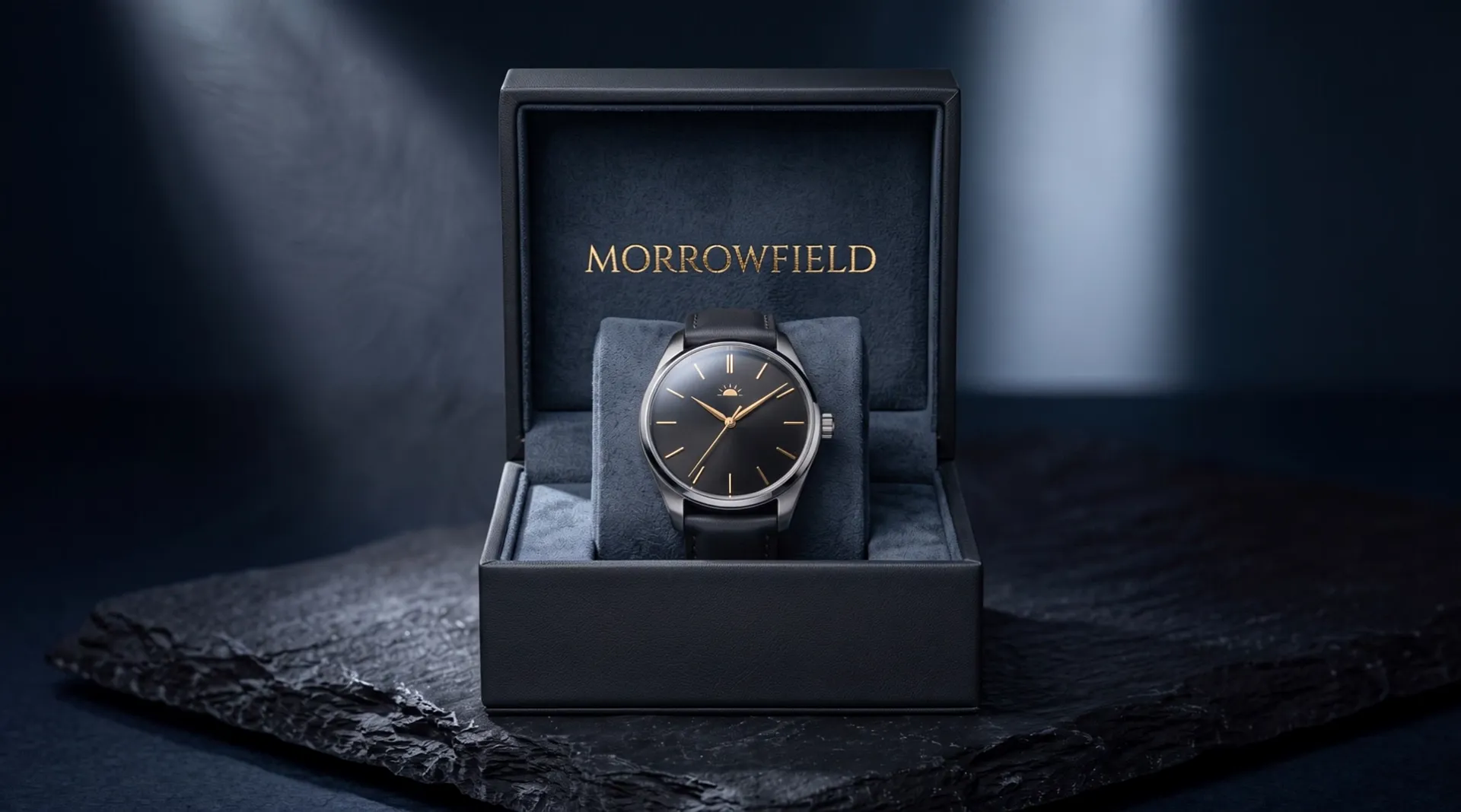 The watch on a suede cushion in its open box on the slate; the name Morrowfield in gold inside the lid