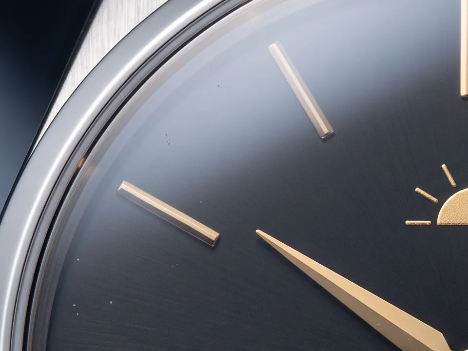 A streak of light on the domed crystal, by the polished bezel