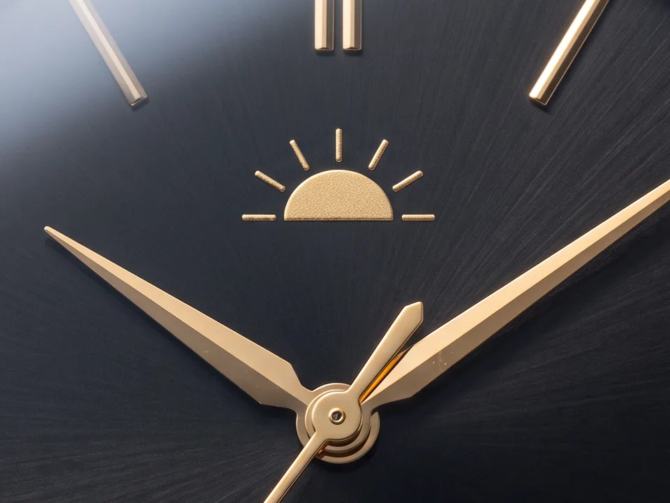 The black dial: a gold rising sun under the double marker at twelve