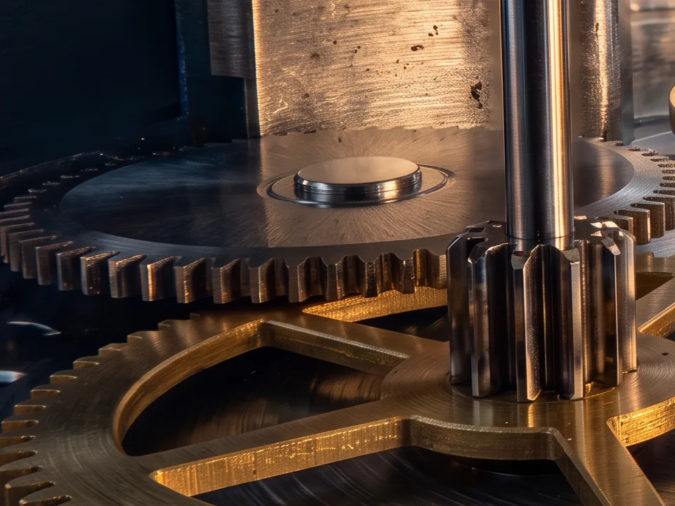 The toothed barrel that holds the mainspring, behind a brass wheel