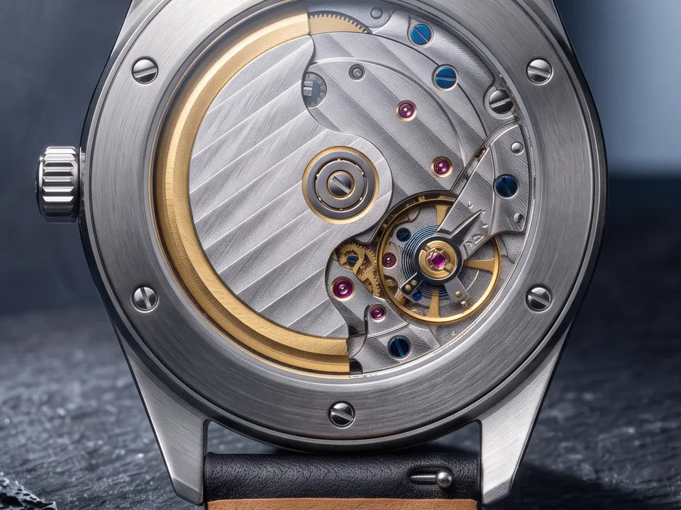 The winding rotor with its gold rim, behind the glass of the case back