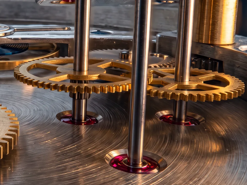 Two brass wheels of the gear train on steel axles