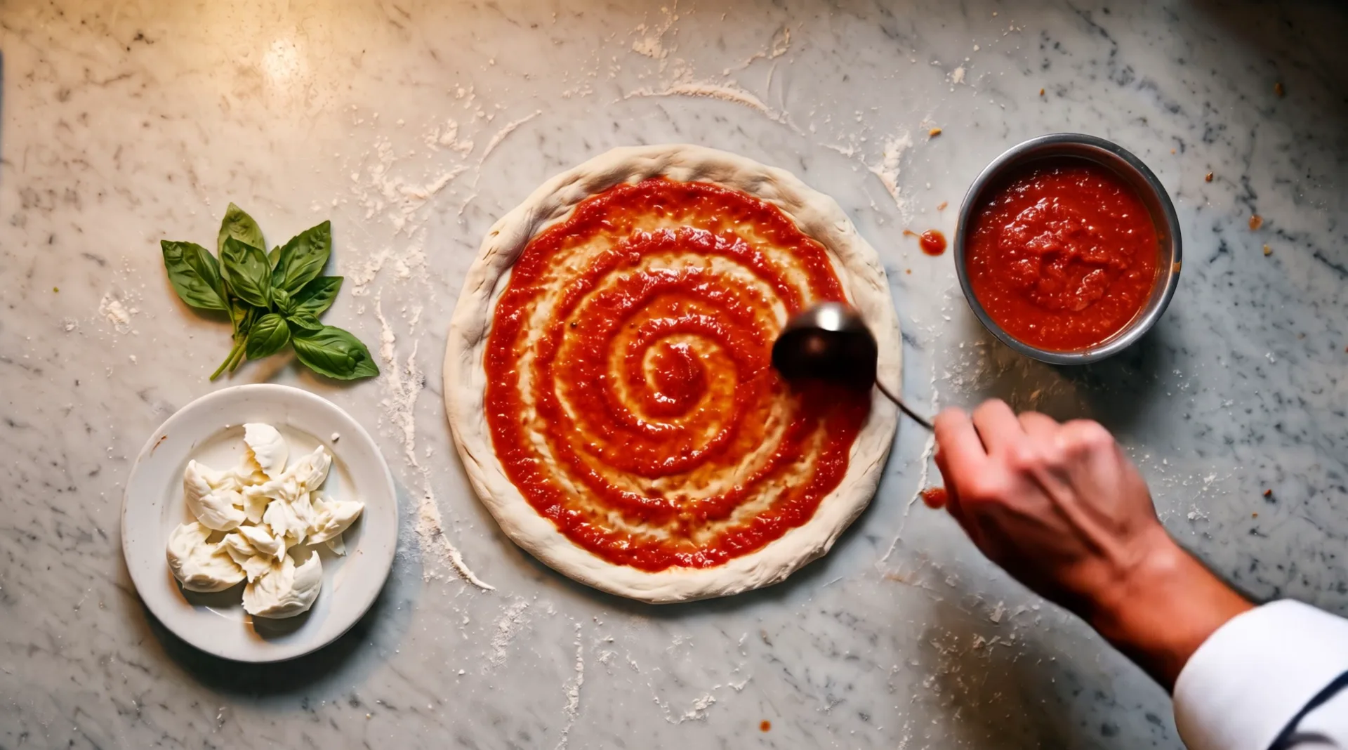 Seen from above: a hand spreads tomato sauce over a pizza base in a spiral with the back of a ladle