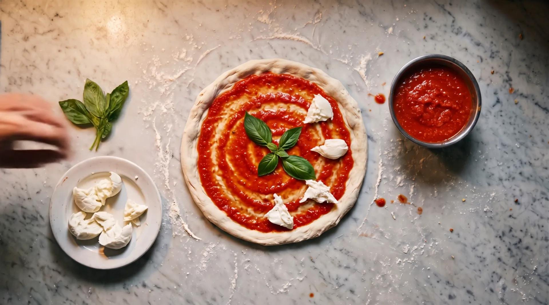 Seen from above: the pizza base with tomato sauce, pieces of mozzarella and basil leaves, a plate of mozzarella and a bowl of sauce beside it