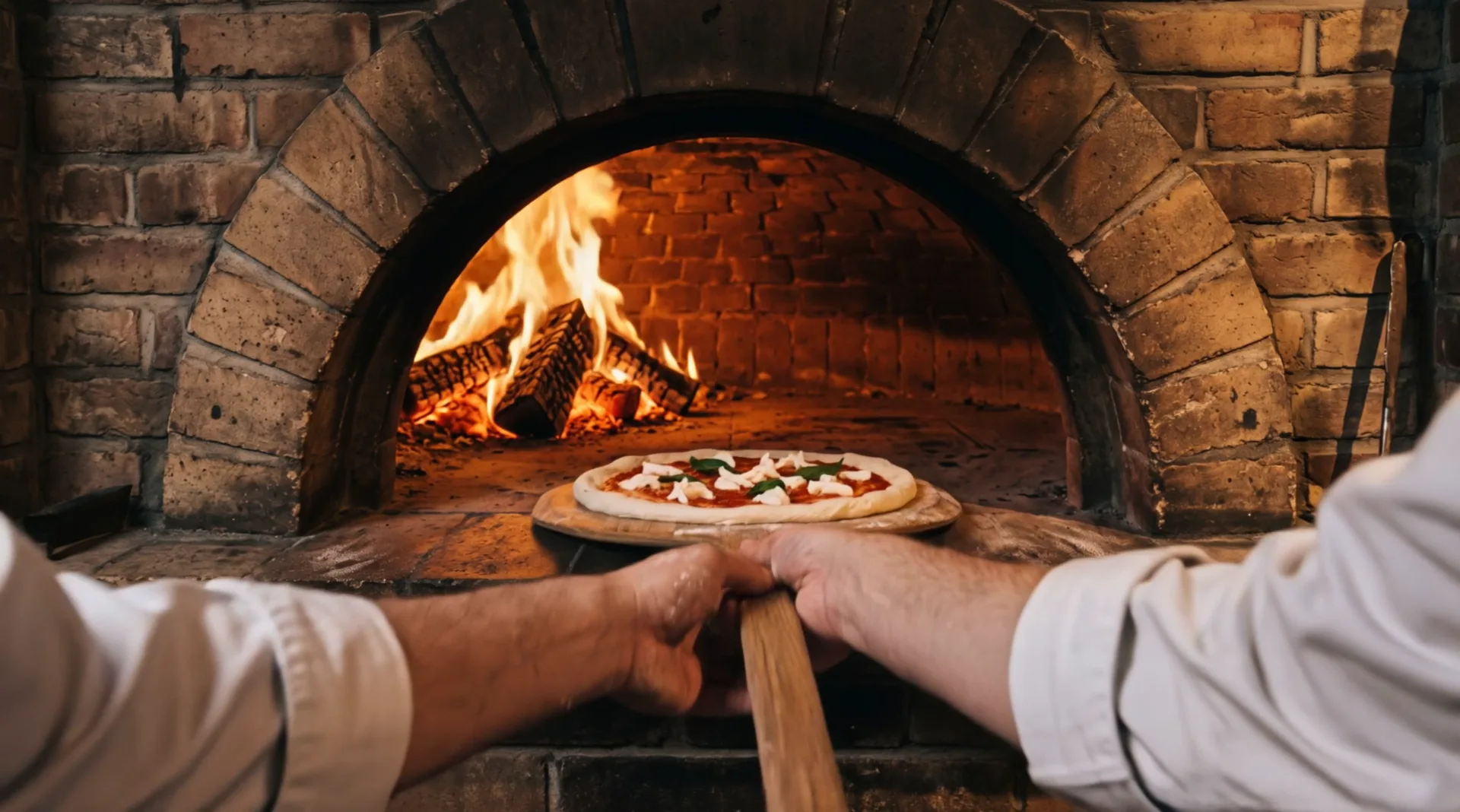 Two hands push a wooden peel with the raw pizza into the mouth of a brick oven, a wood fire burning inside