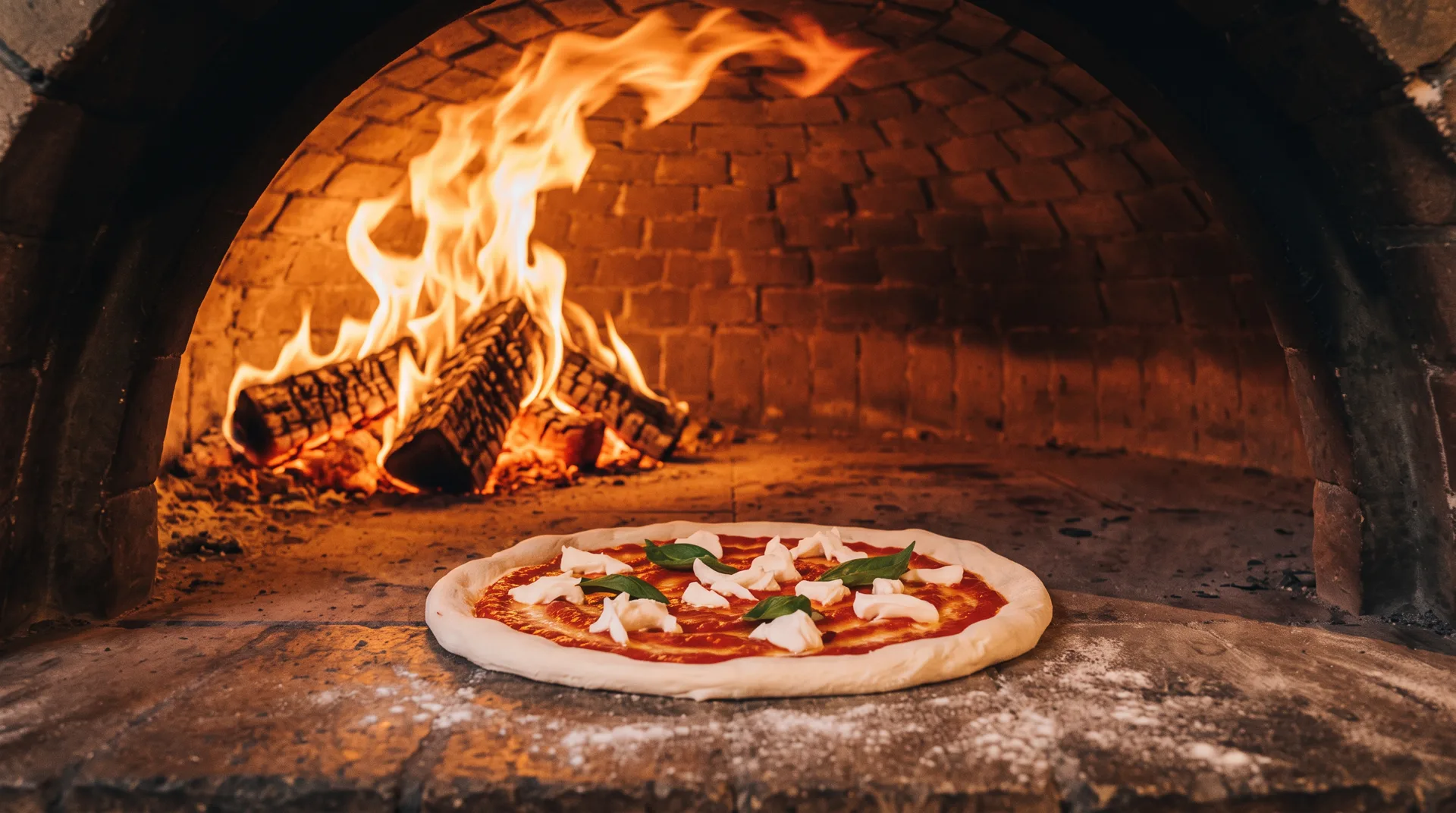 The raw pizza on the stone floor of the oven, logs burning behind it