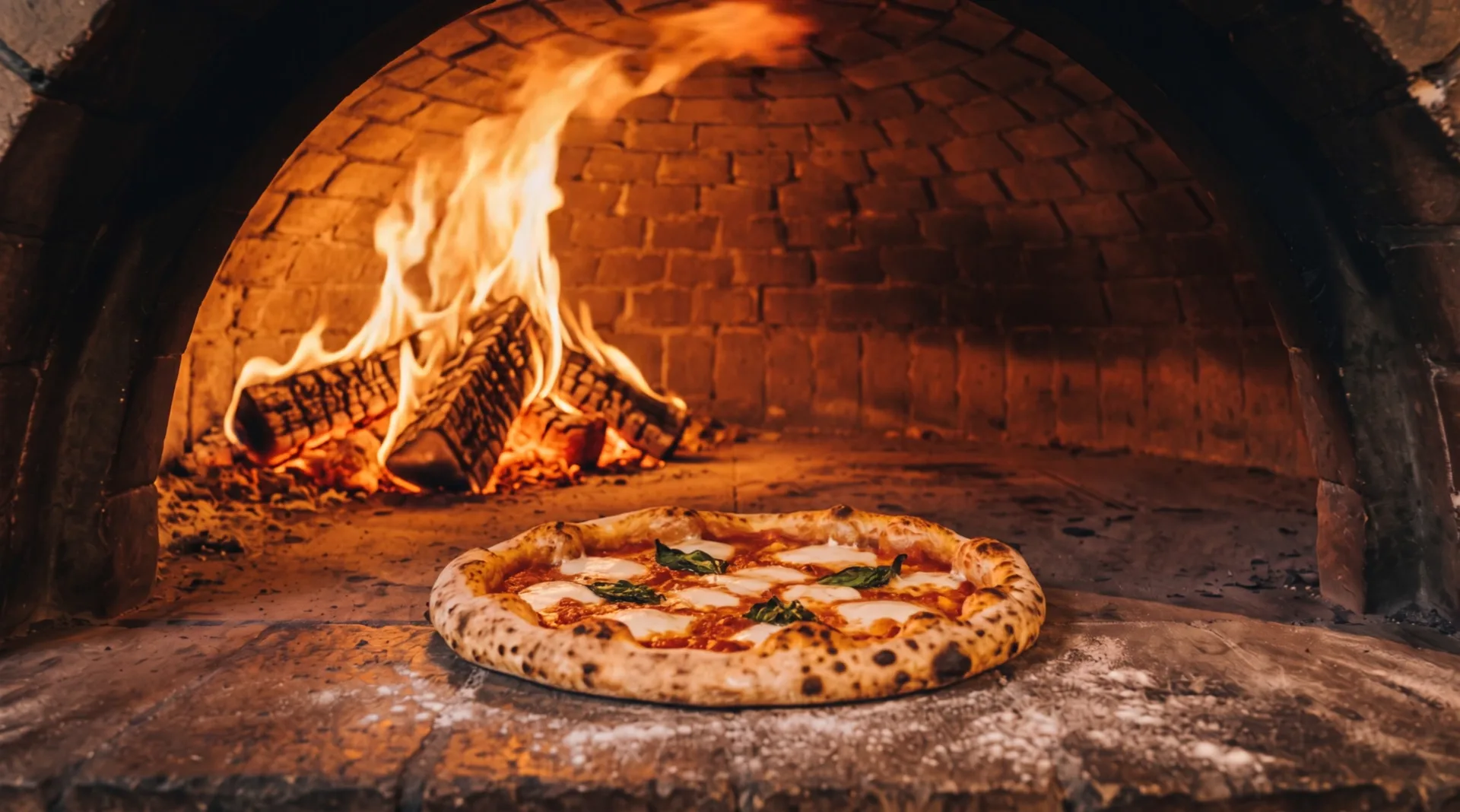 The baked pizza on the stone floor of the oven: a puffed, spotted rim, melted mozzarella, flames along the brick dome