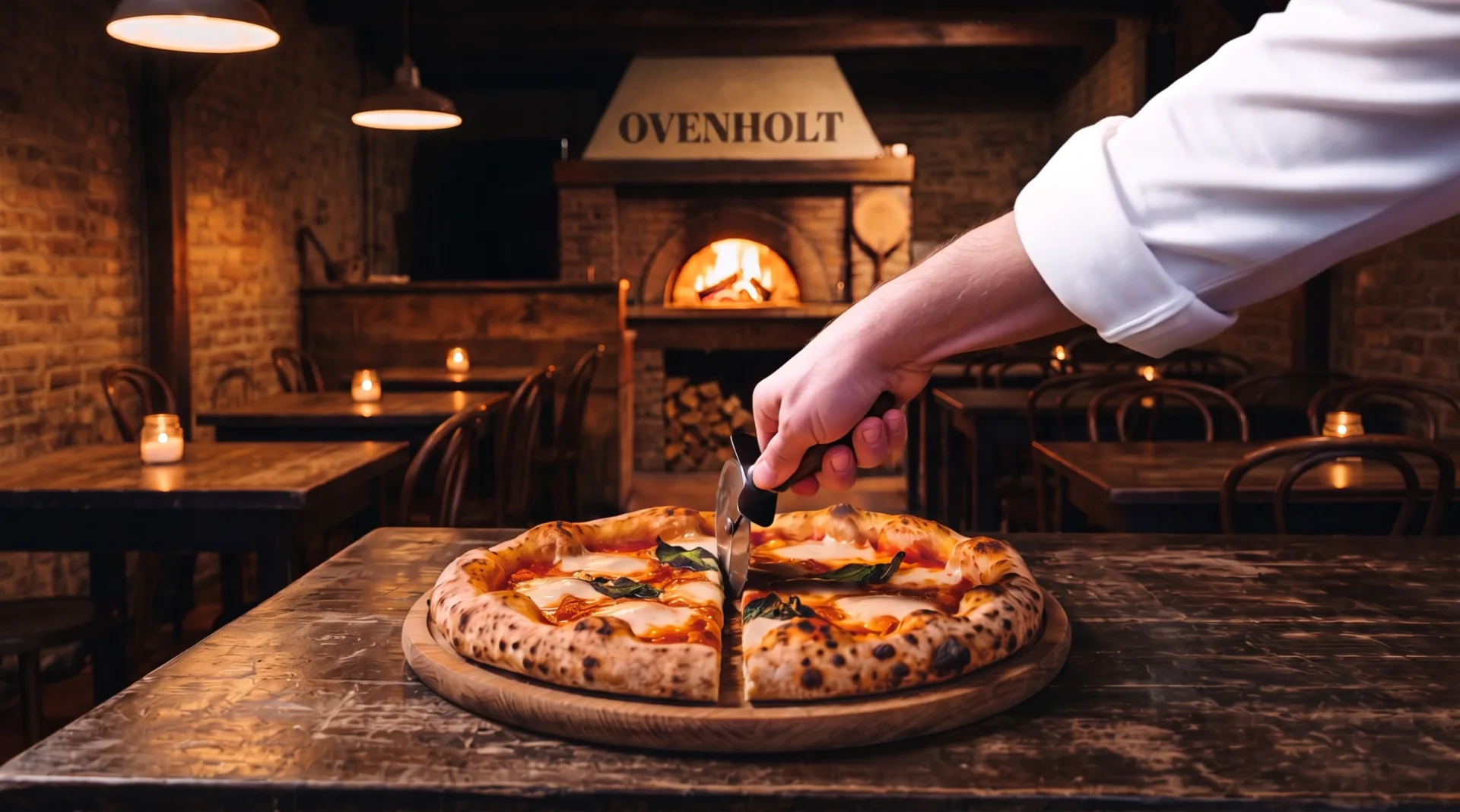 In the lit dining room a hand rolls a pizza wheel through the pizza on a wooden board; the oven and the sign Ovenholt behind