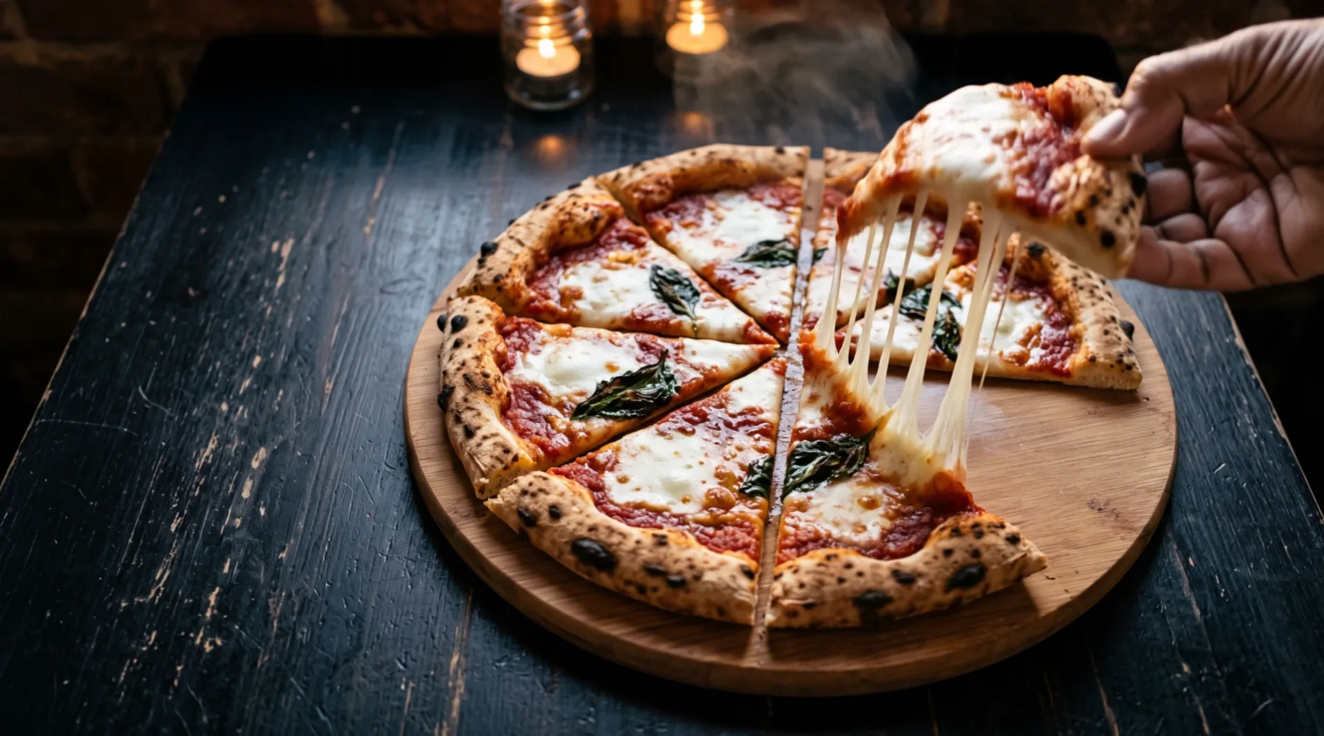 A hand lifts a slice of the pizza off the board, melted mozzarella stretching from it in long strings