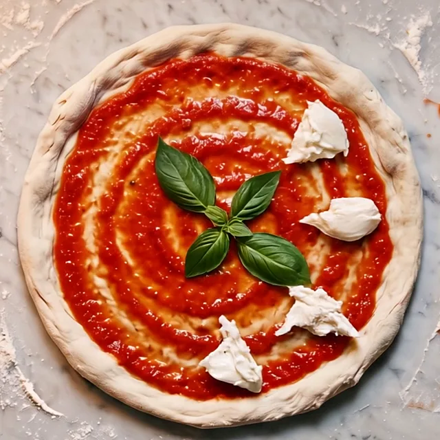Basil leaves laid on the mozzarella and the tomato: the pizza ready for the oven
