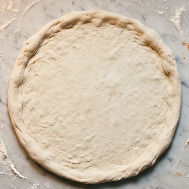 A round of pizza dough on floured marble, seen from above