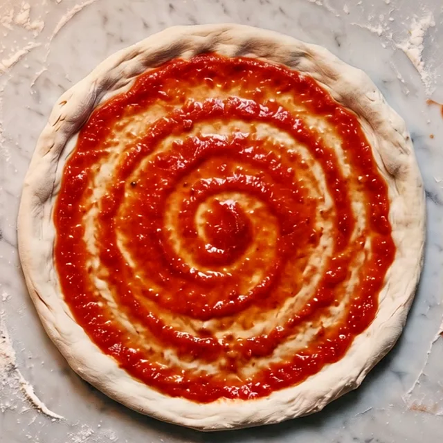 The round of dough with tomato sauce drawn out in a spiral