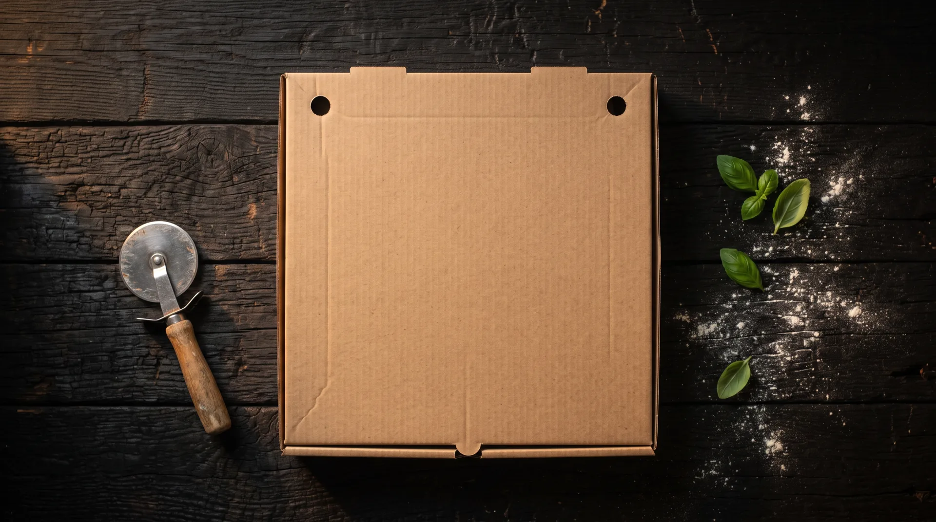 A closed kraft pizza box on a dark wooden table, a pizza wheel on one side, basil leaves and flour on the other