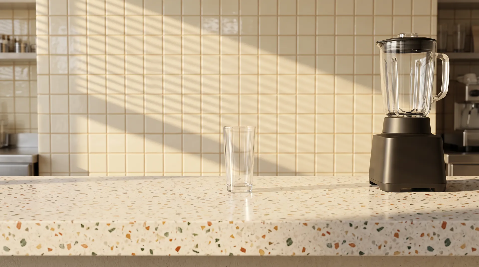 A bar counter of terrazzo in the morning sun: a blender and an empty glass on it, a wall of cream tile behind